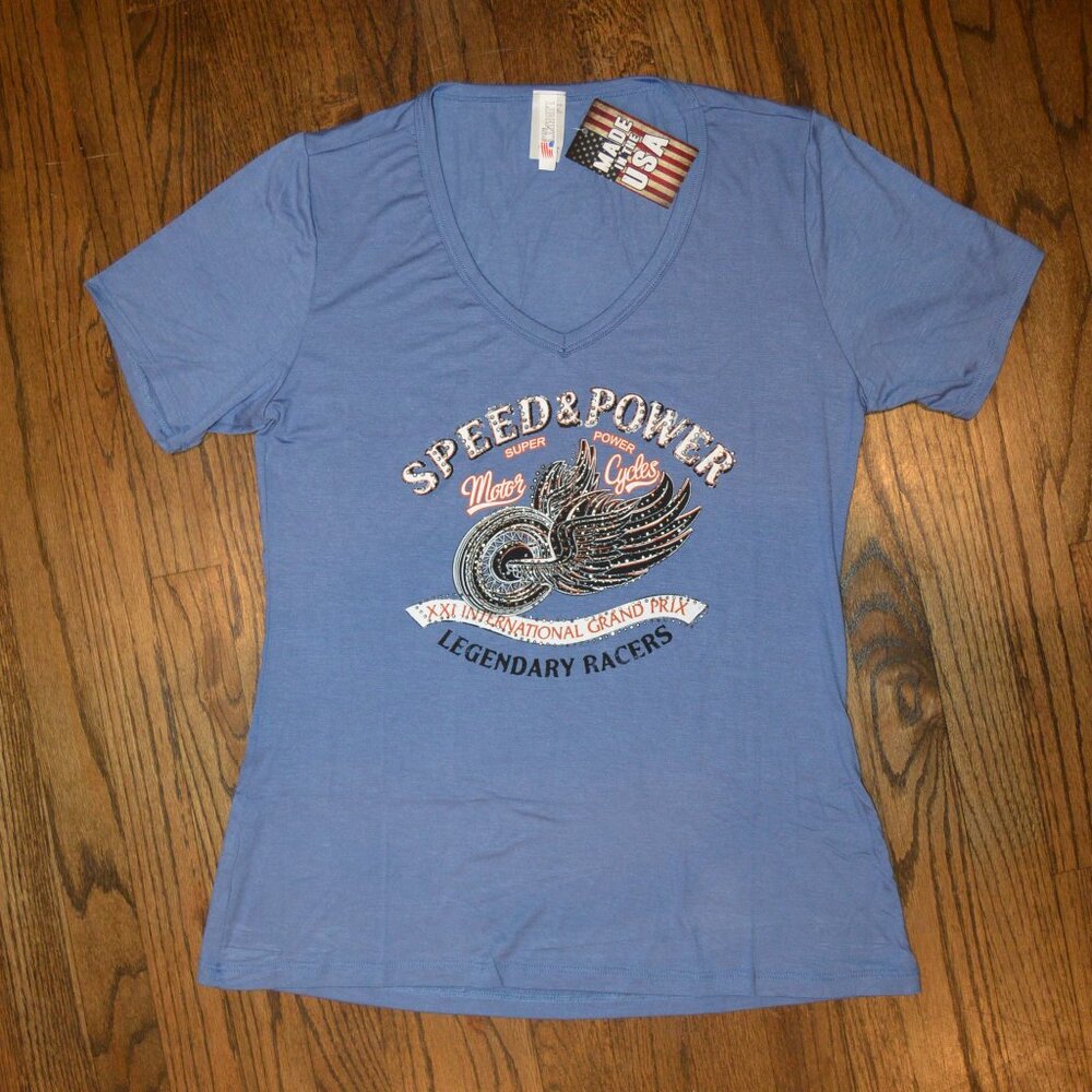 Liberty Wear Ladies V-Neck Tee shirt~Blue~Speed Power Motorcycle Bling Rayon NWT